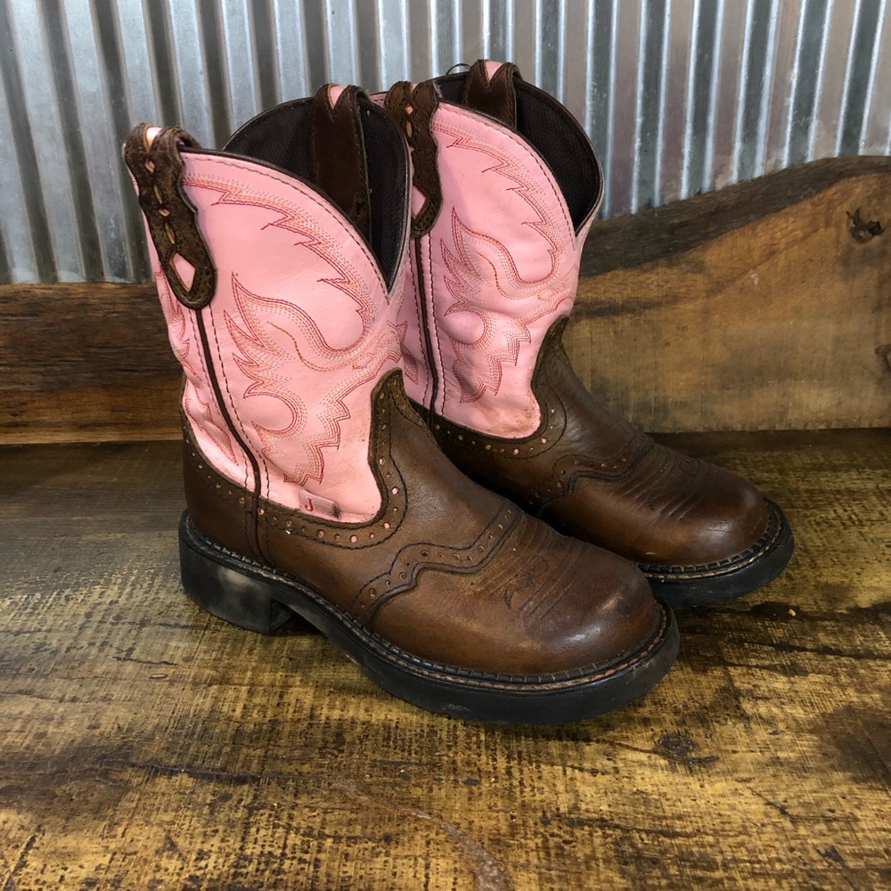 Women's Brown Leather & Pink Shaft Western Cowboy Boots